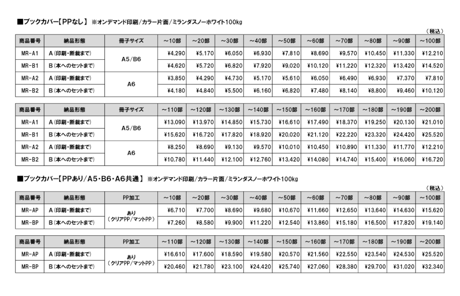 ブックカバー料金表②